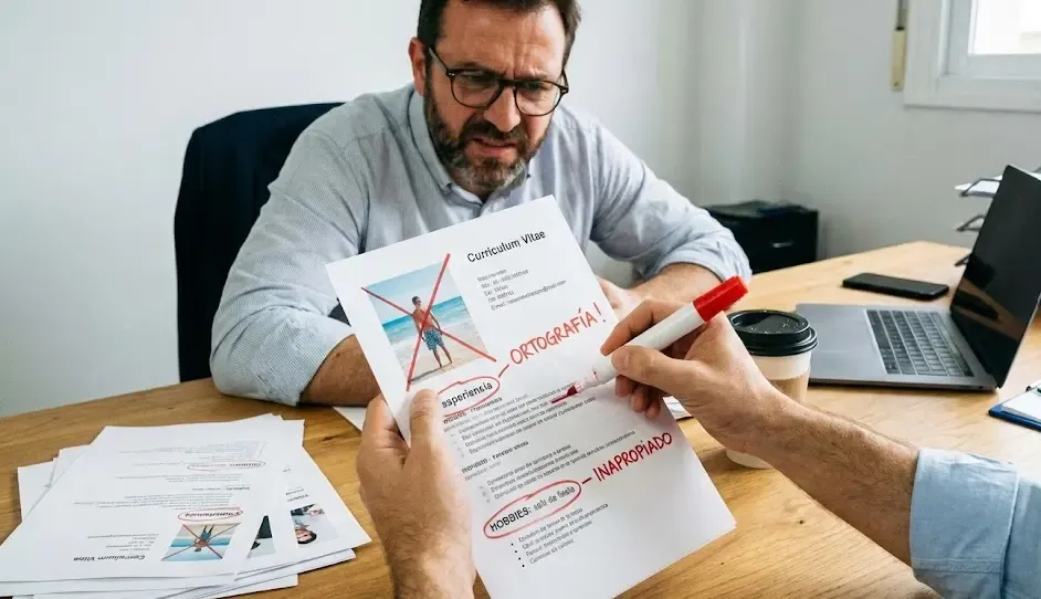 Reclutador tachando errores comunes en un curriculum vitae impreso