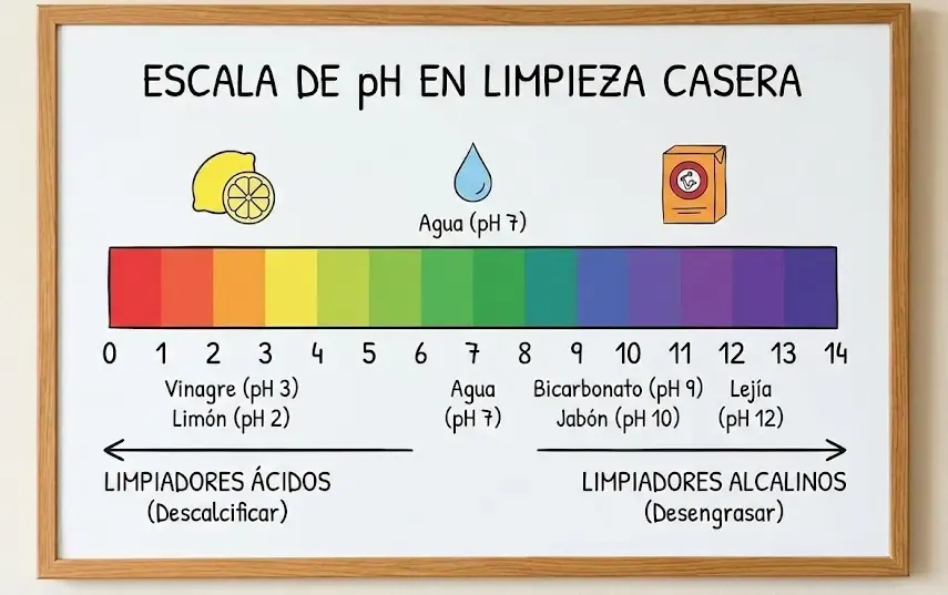 Gráfico sencillo explicando la escala de pH en productos de limpieza caseros