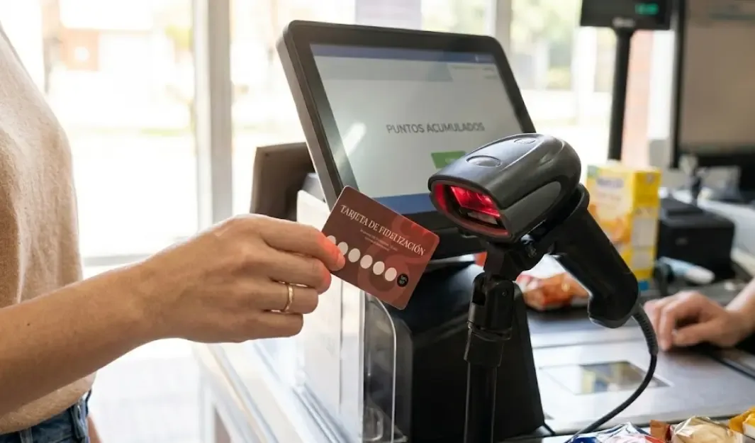  Mano escaneando una tarjeta de fidelización en un terminal de punto de venta 