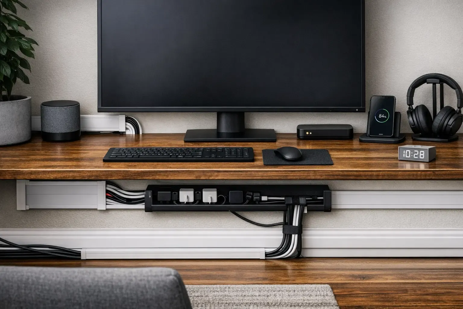 Resultado final de escritorio con cables organizados