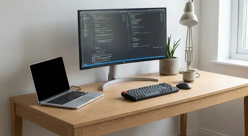 Escritorio minimalista organizado para trabajar con iluminación adecuada y sin distracciones