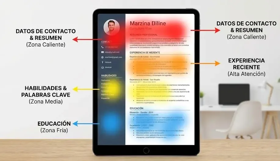 Esquema visual de la estructura de un curriculum vitae moderno con zonas de calor