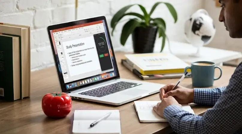 Estudiante usando la técnica pomodoro con un reloj temporizador junto al portátil