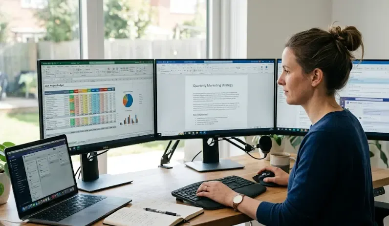 Persona trabajando con una hoja de Excel compleja y un informe de Word en una segunda pantalla