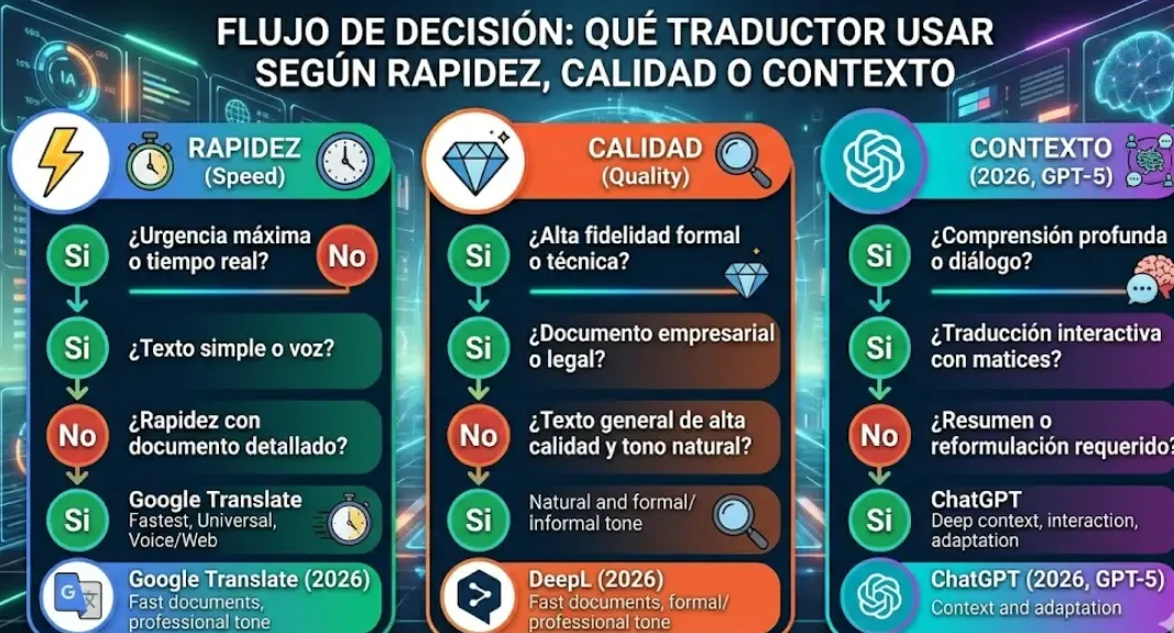 Flujo de decisión: qué traductor usar según rapidez, calidad o contexto