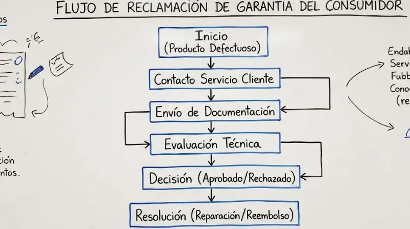 Diagrama de flujo mostrando las opciones del consumidor ante un producto defectuoso: Reparar, Sustituir o Reembolso