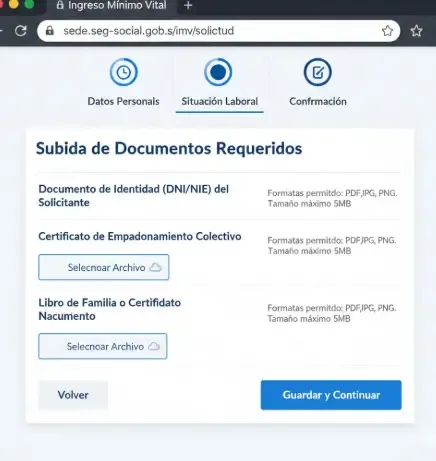 Captura de pantalla del formulario de solicitud del IMV mostrando la opción de subir documentos