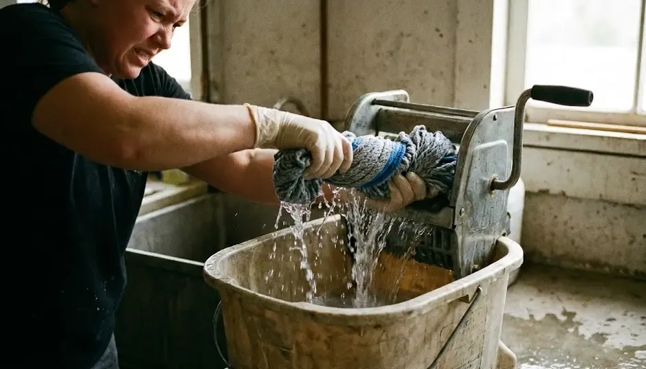 Persona escurriendo una fregona de microfibra al máximo sobre cubo