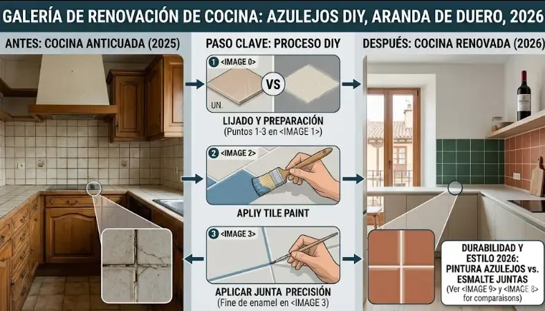 Antes y después de cocina renovada con técnica híbrida pintar azulejos y rejuntar juntas