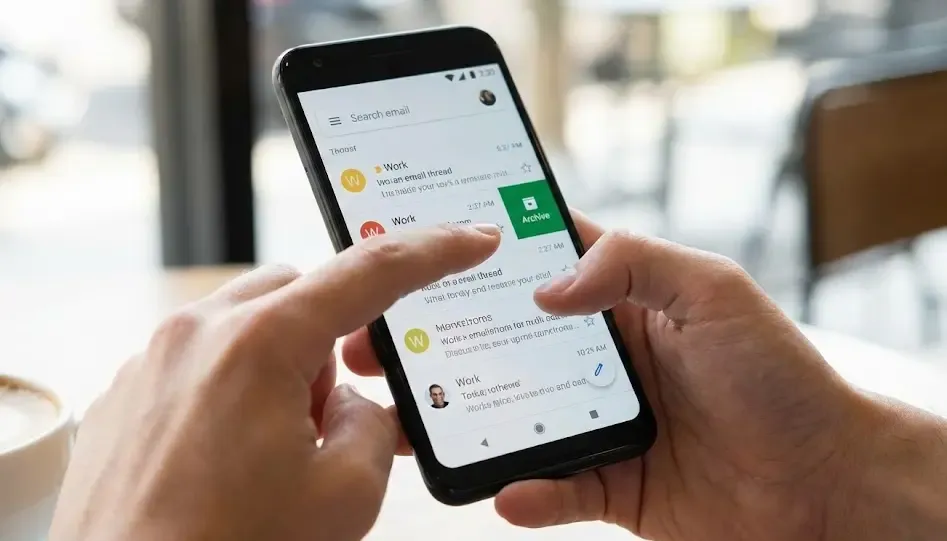 Mano usando gestos de deslizamiento en la app de Gmail en un móvil
