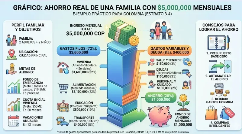 Gráfico de barras que muestra la reducción del gasto semanal de una familia real antes y después de aplicar el método 5M