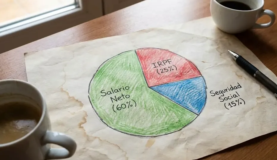 Gráfico de tarta mostrando el reparto de una nómina: Salario Neto, Seguridad Social e IRPF