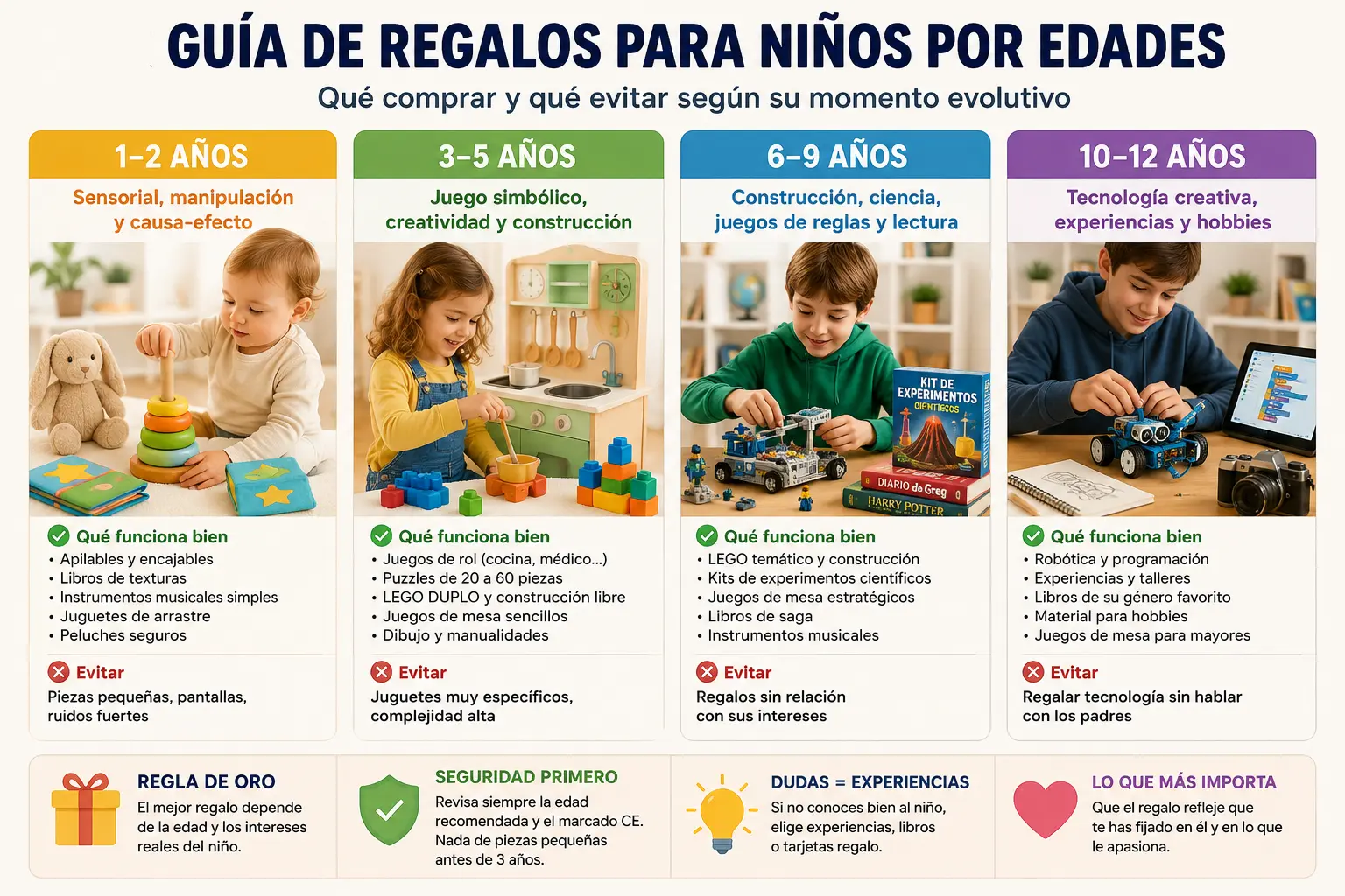 Guía de regalos para niños por edades (1 a 12 años) 2026: qué comprar y qué evitar