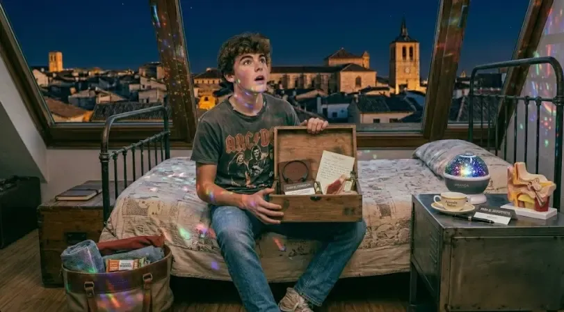 Habitación juvenil a oscuras iluminada espectacularmente por un proyector de estrellas y galaxias azul y morado