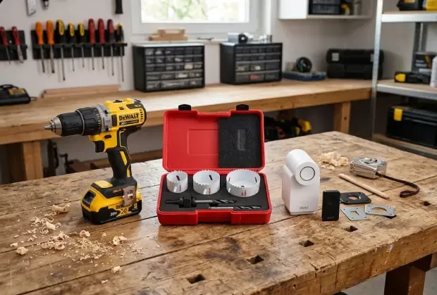 Un taladro a batería, unas brocas de corona y una cerradura invisible dispuestos ordenadamente sobre una mesa de trabajo