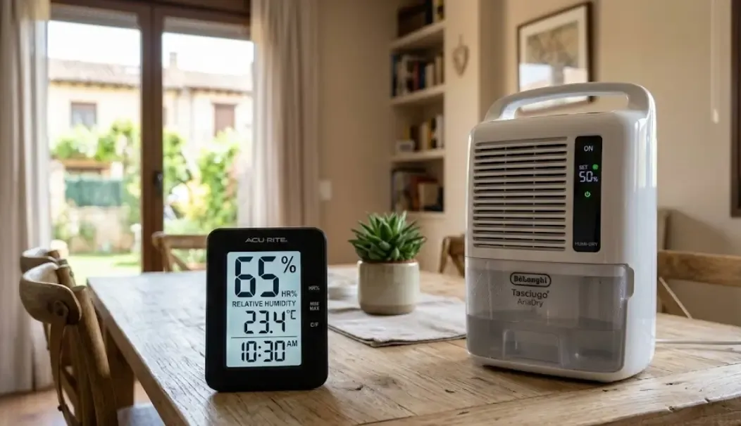 Un medidor higrómetro digital marcando un 65% de humedad relativa sobre una mesa junto a un deshumidificador blanco