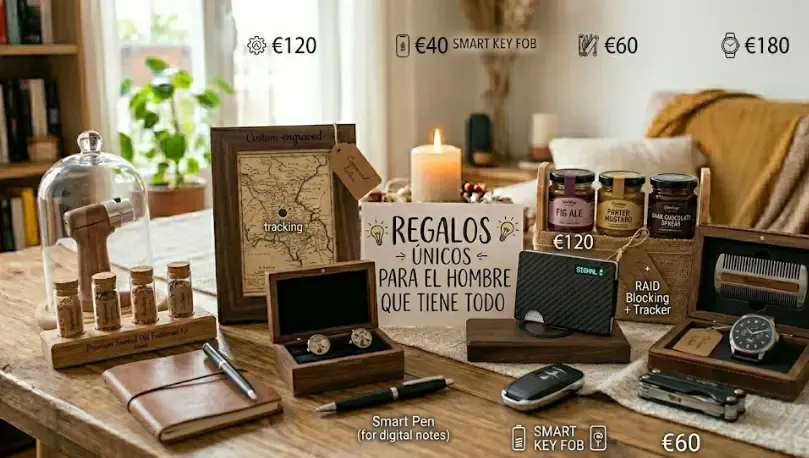 Hombre sorprendido abriendo un paquete pequeño que contiene una cartera minimalista de alta tecnología