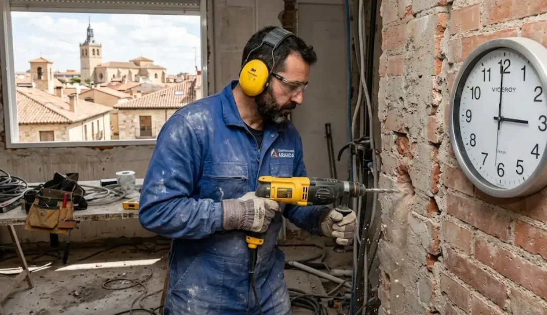 Un hombre con protectores auditivos taladrando una pared, ignorando un reloj que marca las 3 de la tarde