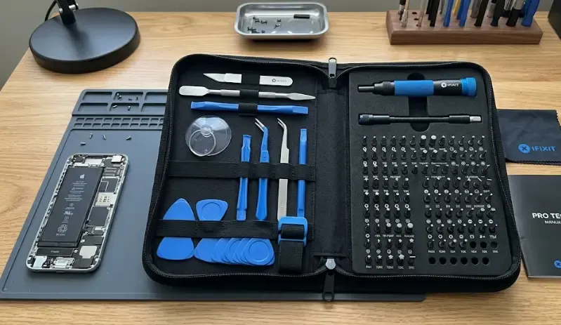 Kit de herramientas iFixit Pro Tech Toolkit abierto con todos sus accesorios