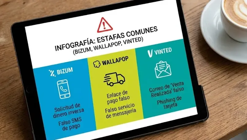 Infografía explicativa sobre cómo detectar el timo del Bizum inverso y phishing en apps de venta