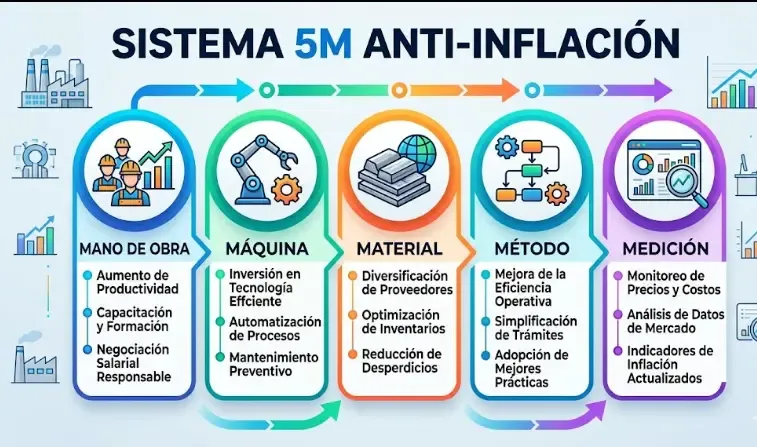 Infografía visual que resume los cinco pasos del sistema 5M Anti‑Inflación