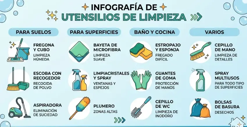 Infografía resumen: cómo elegir los utensilios de limpieza adecuados