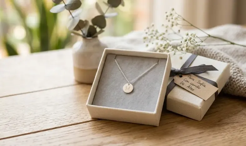 Joya minimalista de oro con colgante de inicial sobre una superficie de mármol blanco