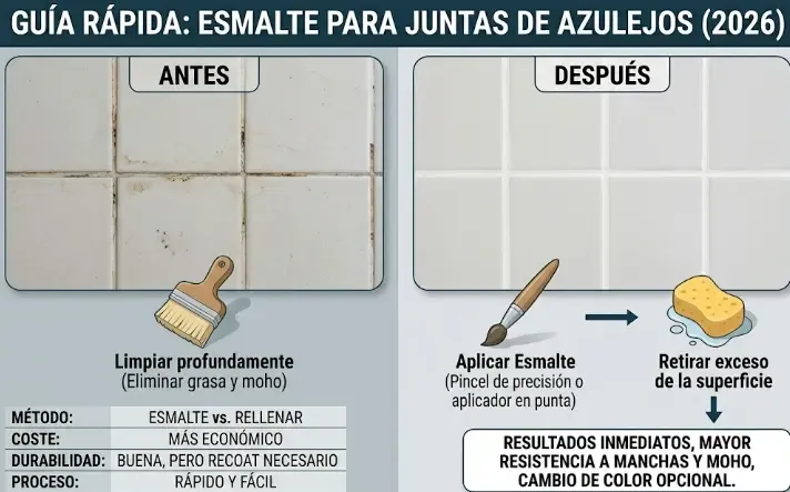 Comparativa de juntas de azulejo antes y después de pintar con esmalte restaurador