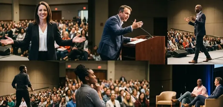 Esquema de posturas correctas e incorrectas al hablar en público (manos en bolsillos vs manos abiertas)