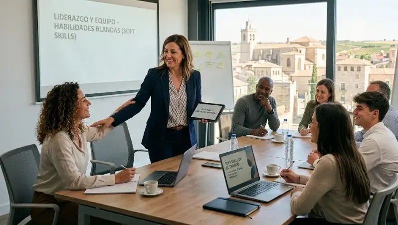Un profesional dirigiendo una reunión de equipo con actitud abierta y sonriente mientras los demás escuchan atentos