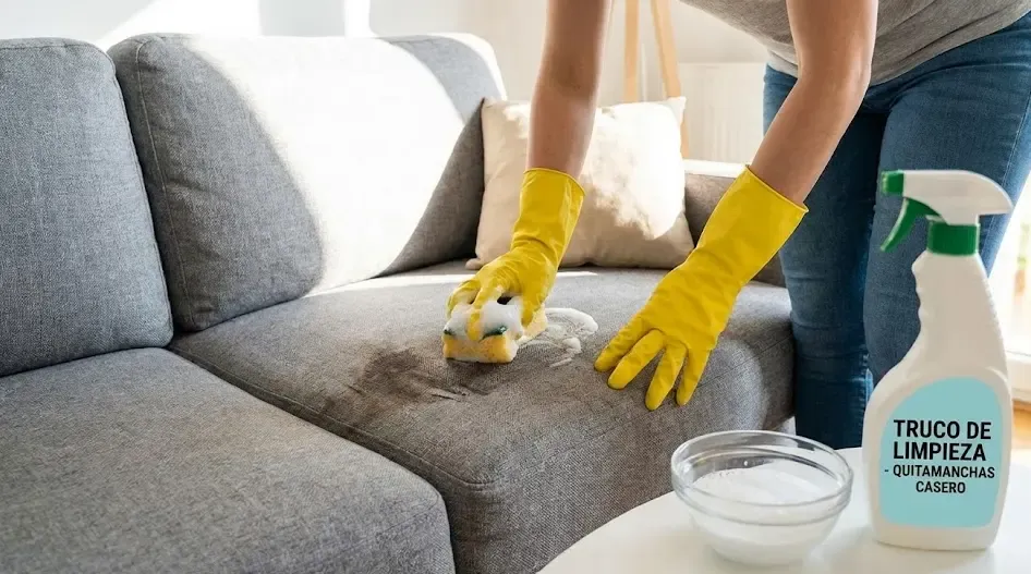 Persona limpiando una mancha en un sofá gris con una esponja y guantes