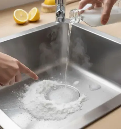 Esquema de un sifón con agua bloqueando los gases y limpieza con bicarbonato