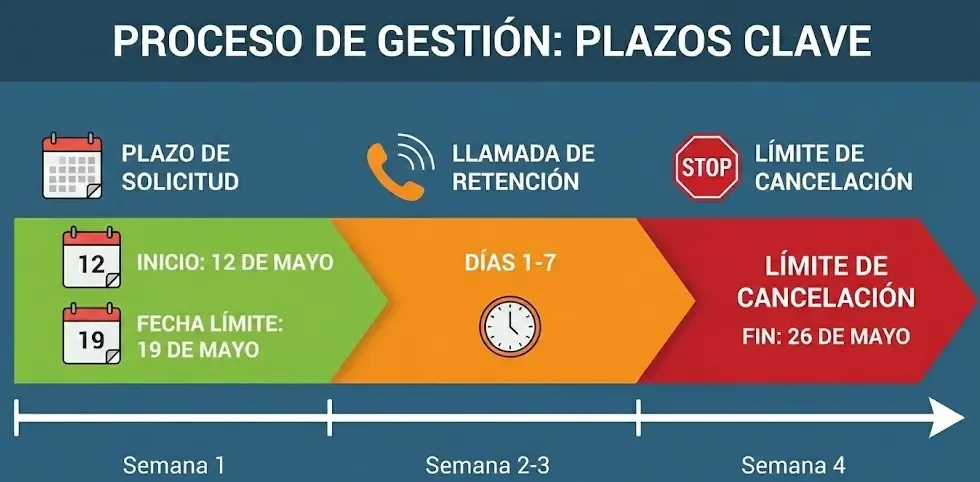 Gráfico temporal mostrando los plazos de solicitud, llamada de retención y límite de cancelación