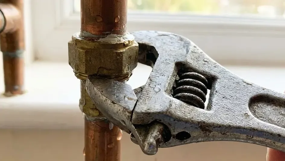 Llave inglesa ajustable apretando una tuerca de fontanería