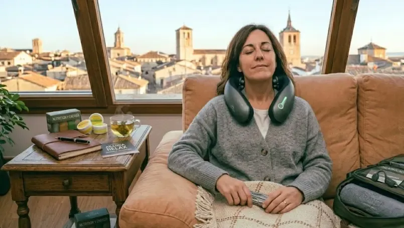 Mujer relajada en el sofá con los ojos cerrados usando un masajeador cervical de calor Shiatsu después de un largo día