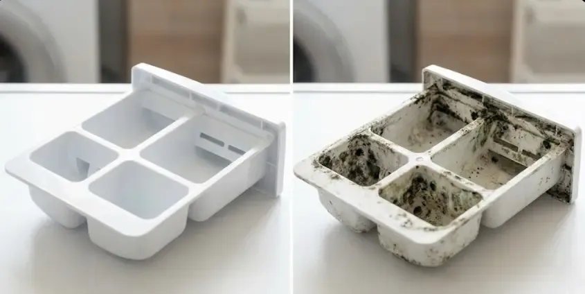 Primer plano de un cajetín de lavadora limpio vs uno con moho