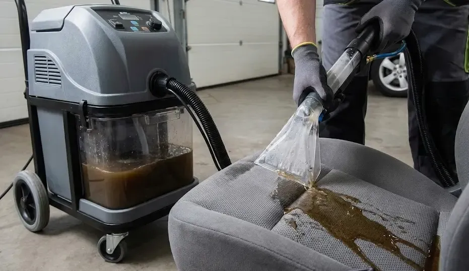 Máquina lava-tapicerías limpiando un asiento de coche con agua sucia visible