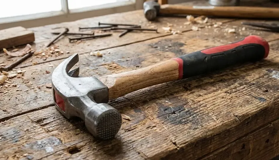 Martillo de orejas con mango ergonómico sobre madera