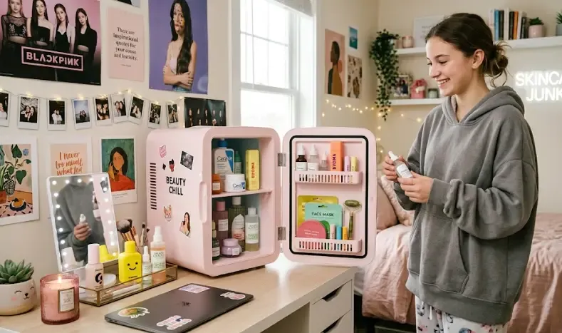 Mini nevera de diseño moderno con puerta transparente, ideal para habitación de adolescente