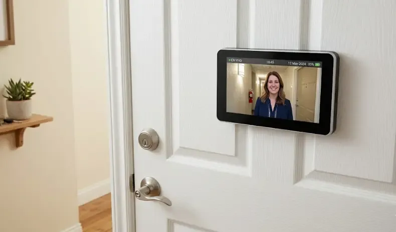 Una pantalla LCD de una mirilla digital instalada en una puerta de madera blanca mostrando a una persona en el pasillo