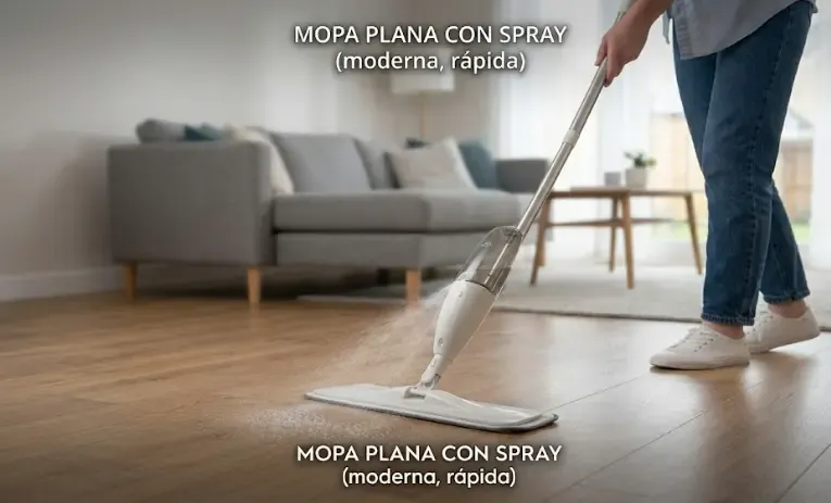 Mopa plana con spray y depósito desmontable, ideal para limpiezas rápidas