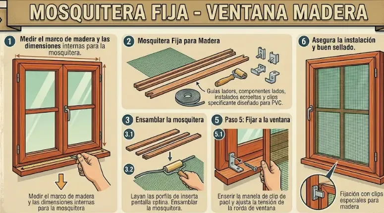 Mosquitera fija instalada en ventana de madera tradicional