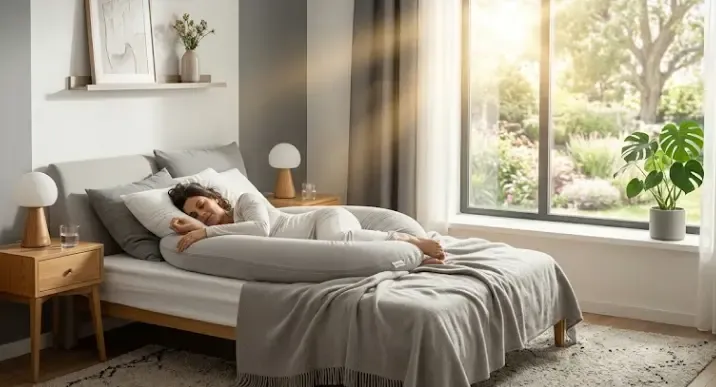 Mujer embarazada descansando plácidamente en la cama rodeada por una almohada de maternidad en forma de U