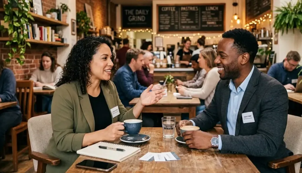 Conversación informal de networking en una cafetería entre dos profesionales