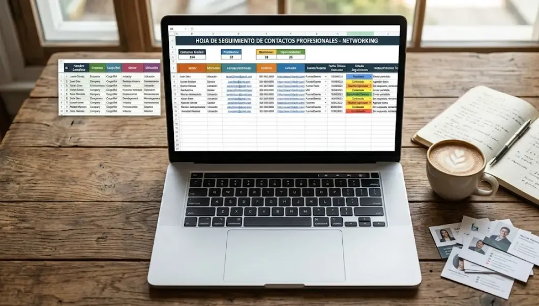 Tabla de seguimiento de contactos profesionales en hoja de cálculo organizada