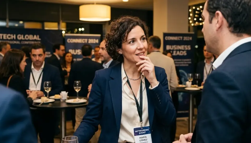 Persona en evento de networking profesional escuchando activamente