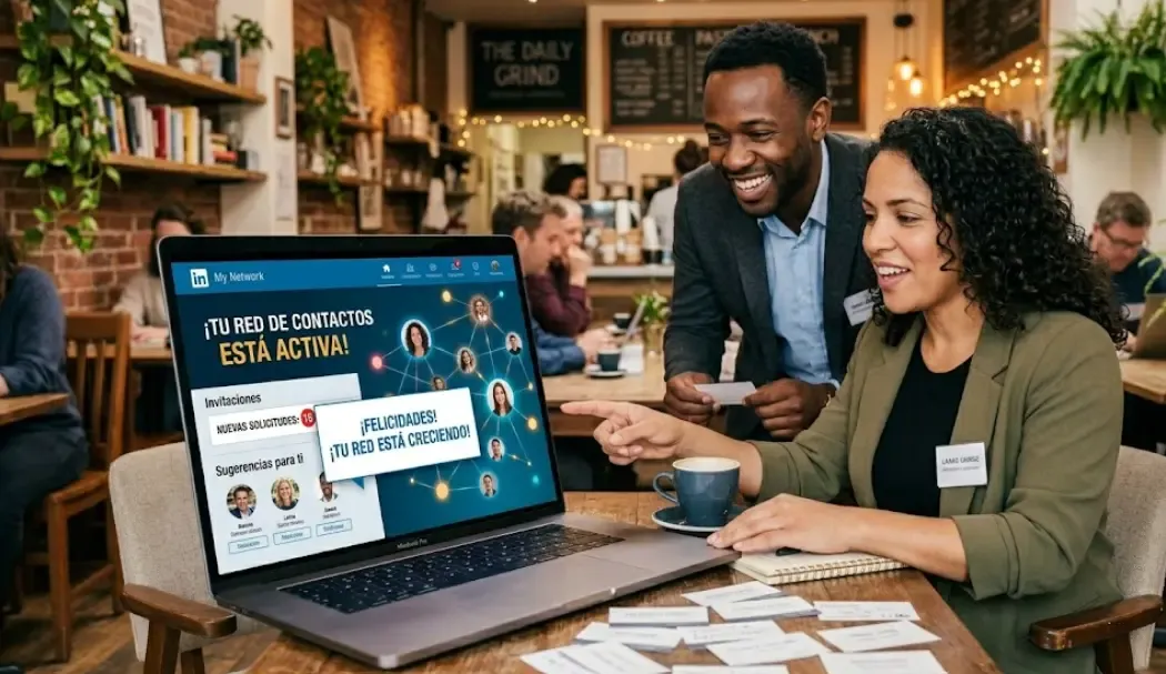 Profesional conectando en LinkedIn desde ordenador portátil con red de contactos activa