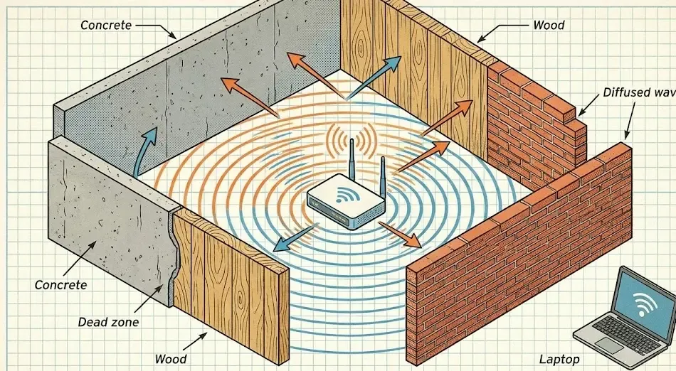 Ilustración esquemática de cómo las ondas wifi rebotan en paredes