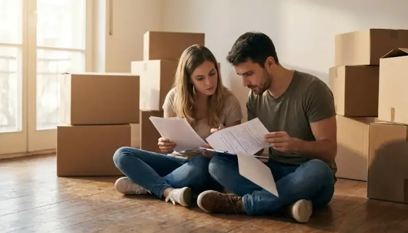 Pareja joven revisando documentos durante una mudanza con cajas alrededor