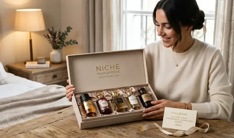 Set de fragancias de culto Diptyque en una bandeja de mármol blanco con velas y elementos decorativos elegantes